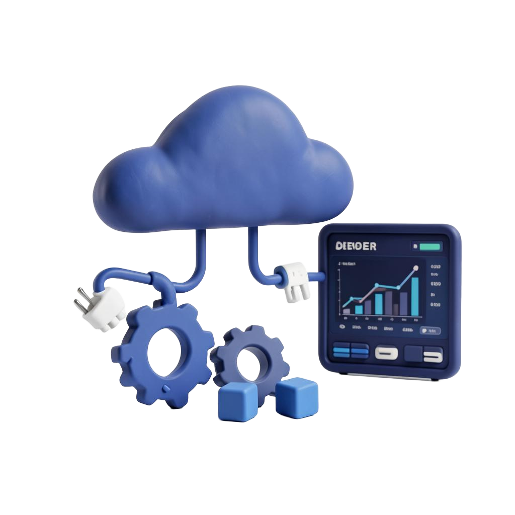 3D illustration of a cloud connected to gears, plugs and an analytics dashboard representing the Howdy Business API