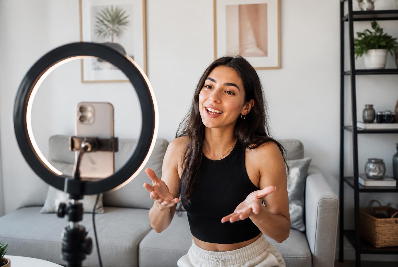 A creator filming a video with a phone and ring light at home