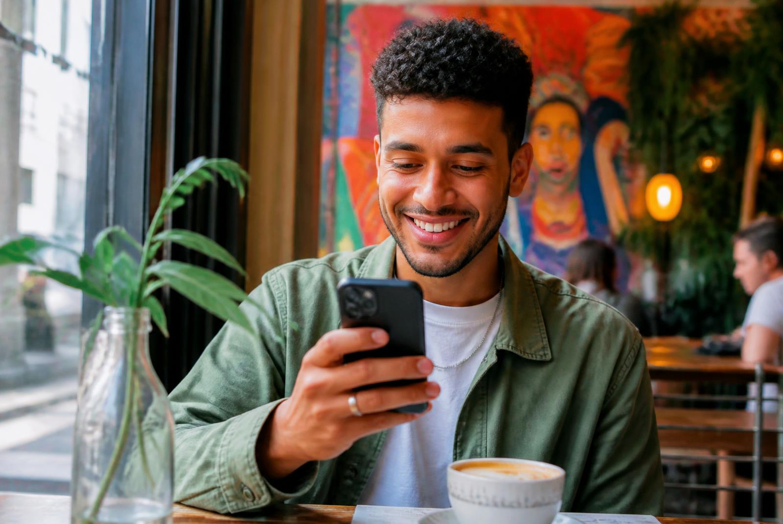 A young woman discovering new content on her phone in a café