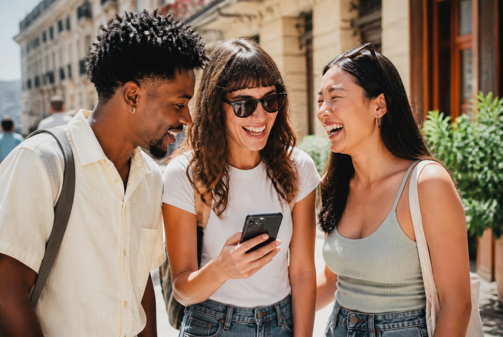 Two friends sitting together laughing at a phone screen