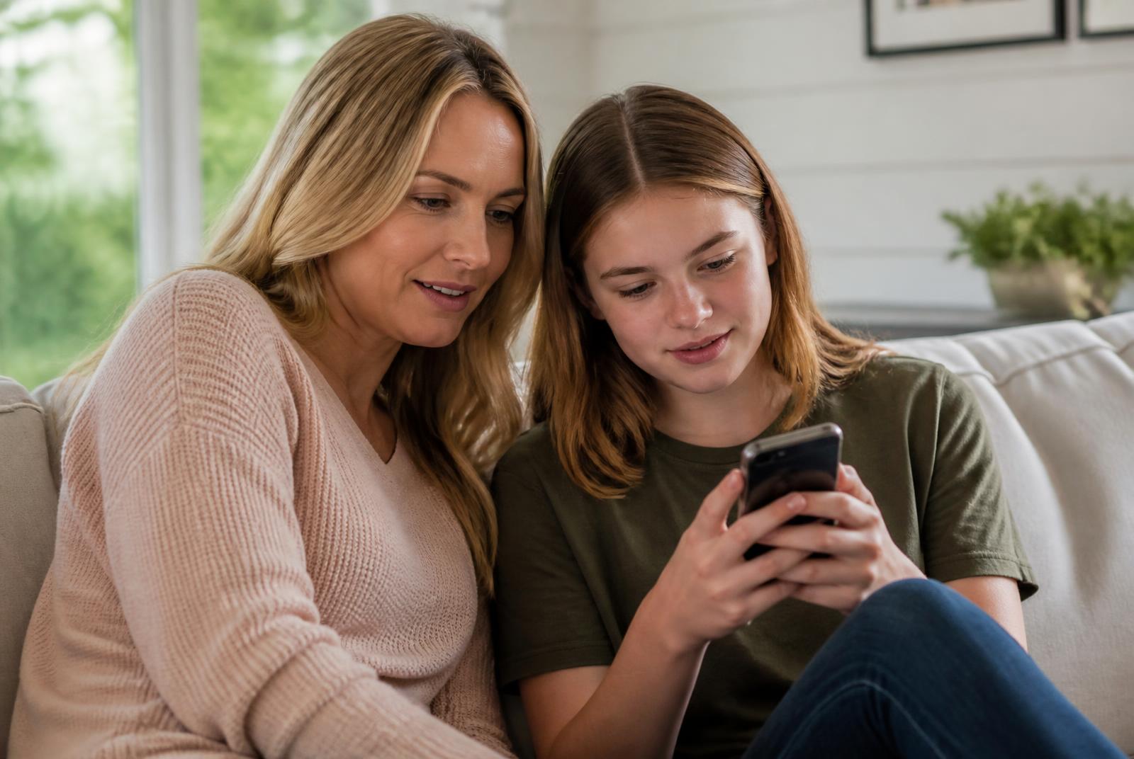A parent and teenager looking at phone settings together at home