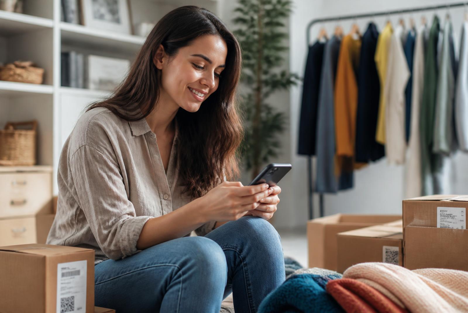 A shopper browsing products on her phone with shopping bags beside her