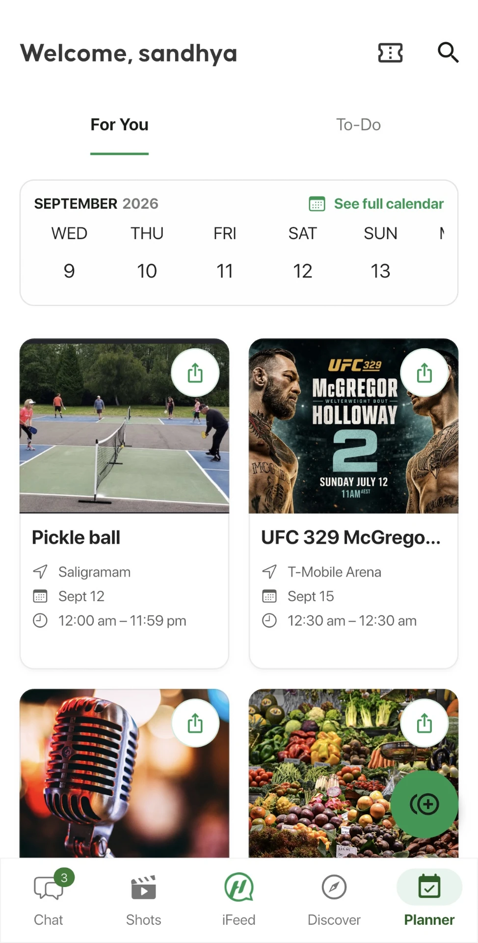 Howdy Planner screen with upcoming events